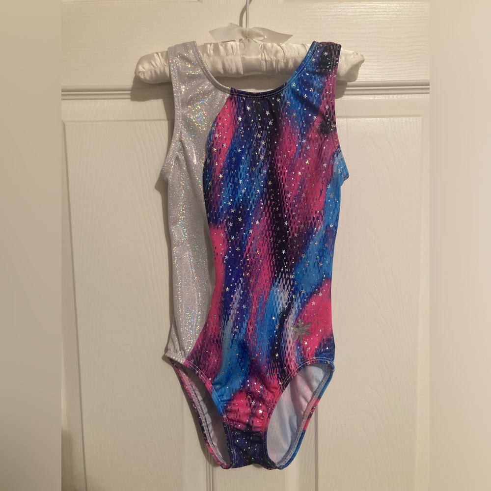 EUC Snowflake Designs Girls Leotard PINK & BLUE Metallic Child Large Gymnastics